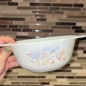 Pyrex England Blue Iris Milk Glass Casserole Dish 6.5”